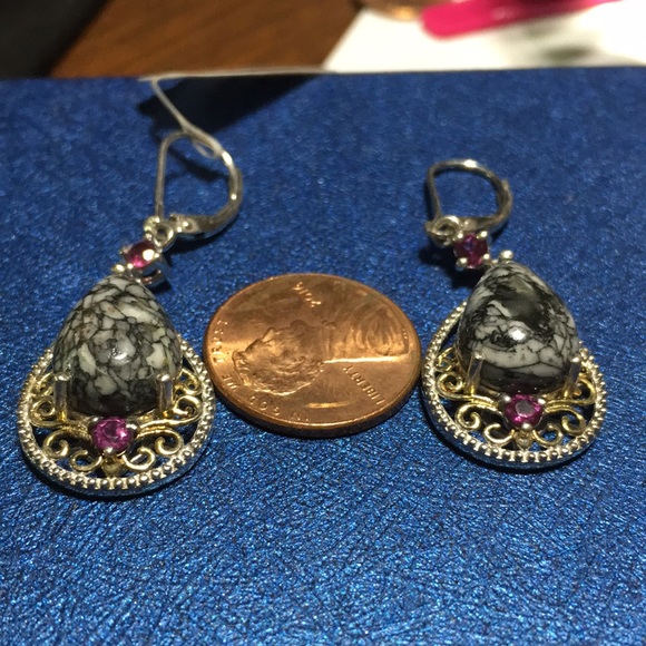 925 silver marked teardrop black agate amethyst hinged back pierced earrings new - Picture 16 of 17